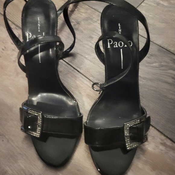 Linea Paolo Black Leather Straps, Crystal Buckle & Lace Wedge Heel Sandals US 4 - Picture 6 of 7